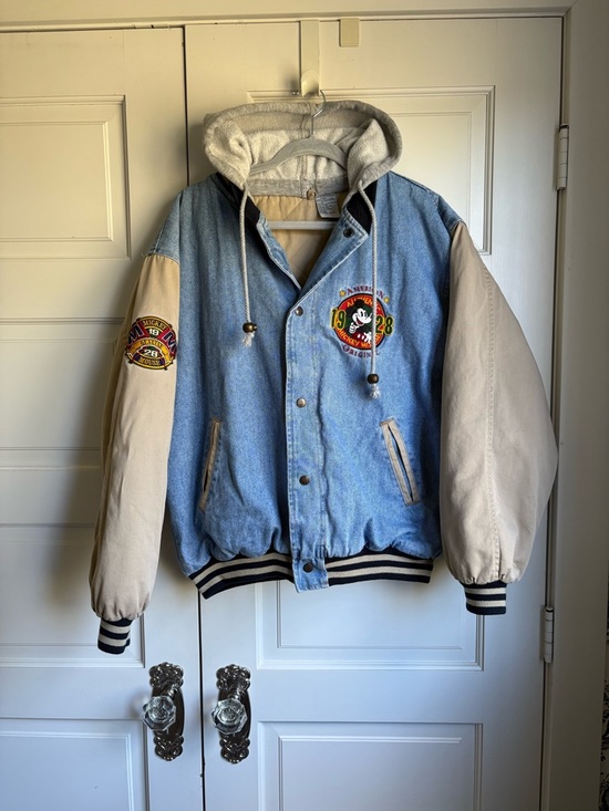 Jackets & Blazers - Denim and Cream Hooded Varsity Jacket - Blue/Cream